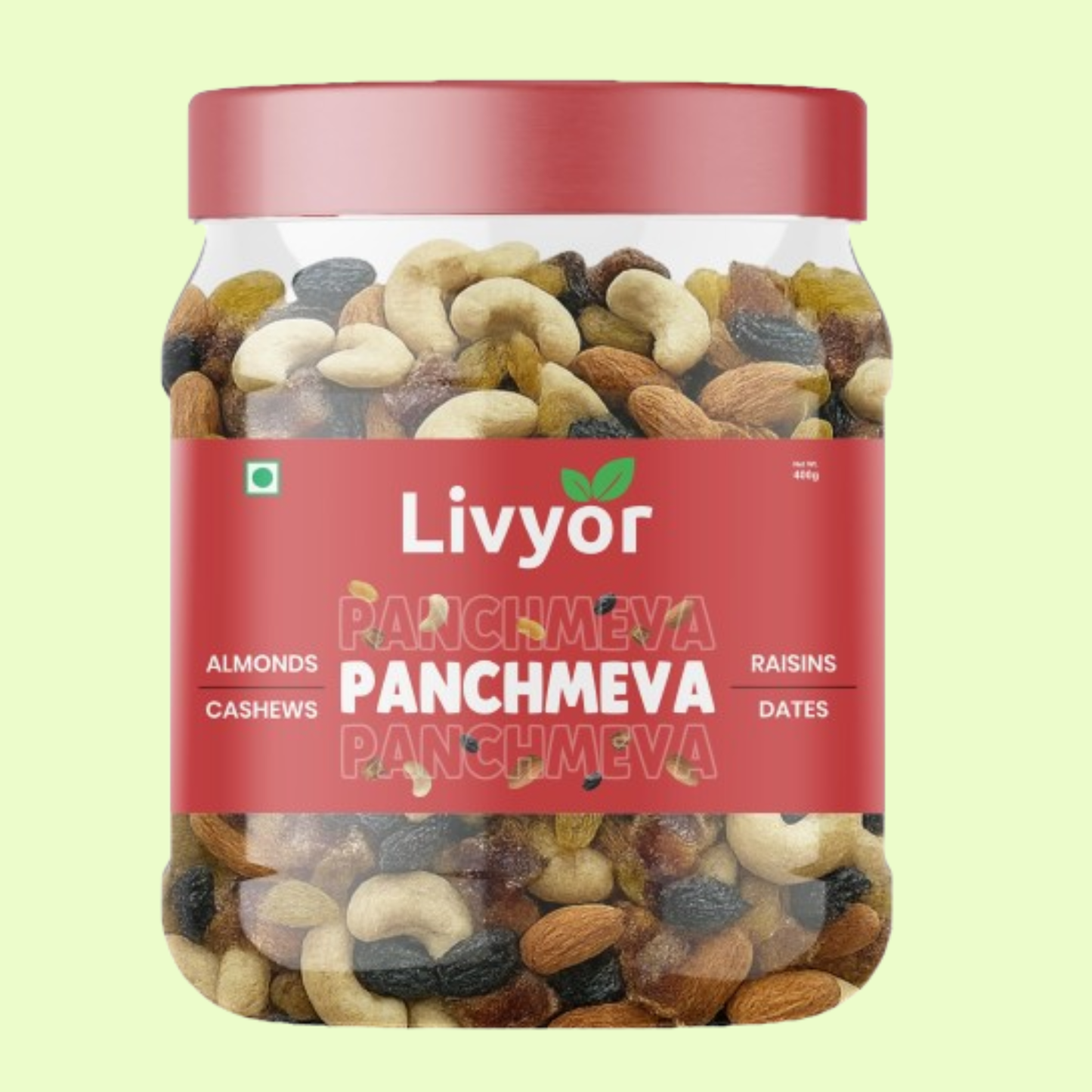 Jar of Livyor Panchmeva mixed nuts and dried fruits on a light green background