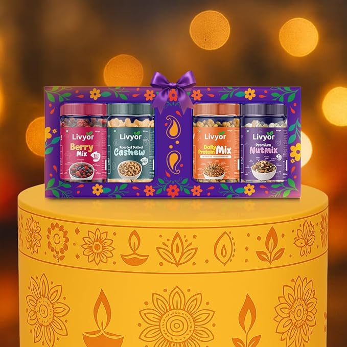 Livyor Festive Gift Hamper | 4 items Combo Pack | Roasted Cashews, Dry Fruits Mix, Fruits and Berries Mix, Protein Snack | Healthy Snacks | Festiwal Box | Food gift hamper for Bhai Bhen | Snacks gift hamper | Dry Fruits and Nuts | Gourmet Snack |