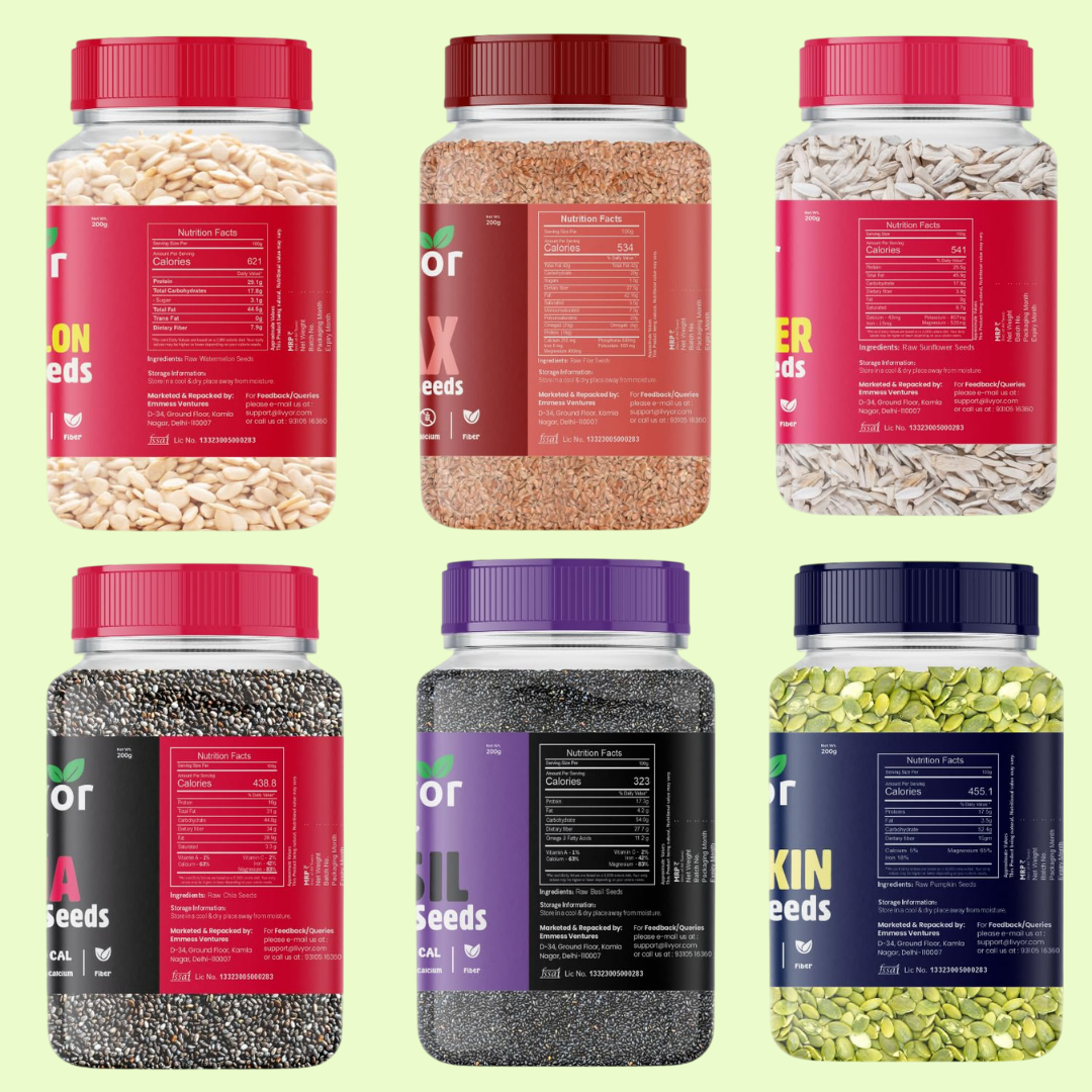 Raw Watermelon, Flax, Sunflower, Chia, Basil and Pumpkin Seeds Combo - 200g Each