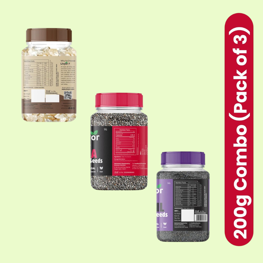 Gond Katira, Chia Seeds & Basil Seeds Combo - 200g Each