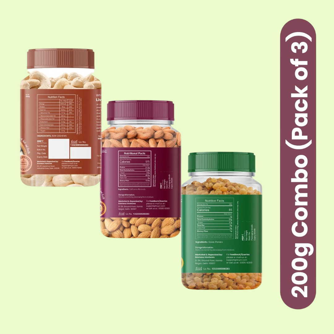 Cashew, Almonds and Green Raisin Combo - 200g Each