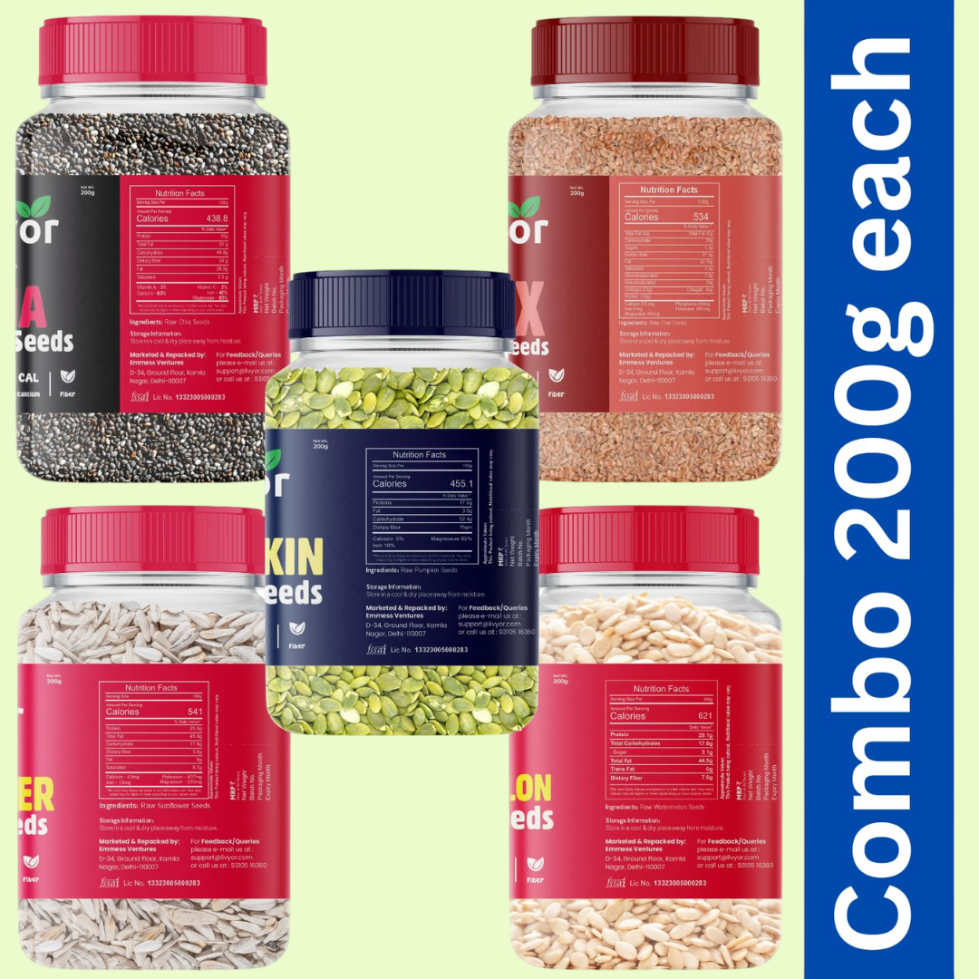 Raw Chia, Flax, Pumpkin, Sunflower and Watermelon Seeds Combo - 200g Each