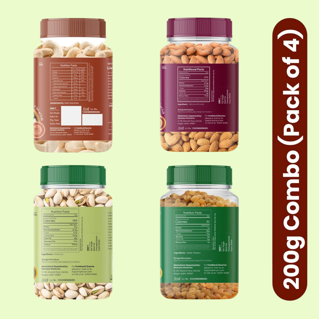 Cashews, Almonds, Pistachios & Green Raisins Combo - 200g Each