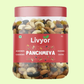 Jar of Livyor Panchmeva mixed nuts and dried fruits on a light green background