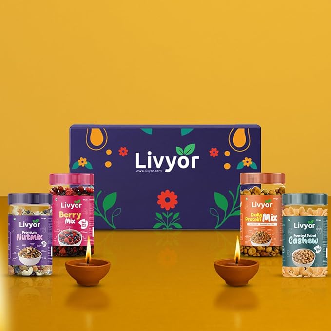Livyor Festive Gift Hamper | 4 items Combo Pack | Roasted Cashews, Dry Fruits Mix, Fruits and Berries Mix, Protein Snack | Healthy Snacks | Festiwal Box | Food gift hamper for Bhai Bhen | Snacks gift hamper | Dry Fruits and Nuts | Gourmet Snack |
