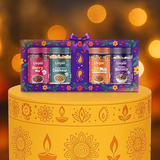 Livyor Festive Gift Hamper | 4 items Combo Pack | Roasted Cashews, Dry Fruits Mix, Fruits and Berries Mix, Protein Snack | Healthy Snacks | Festiwal Box | Food gift hamper for Bhai Bhen | Snacks gift hamper | Dry Fruits and Nuts | Gourmet Snack |