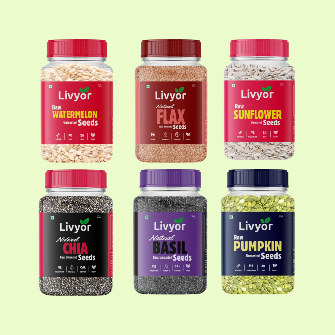 Raw Watermelon, Flax, Sunflower, Chia, Basil and Pumpkin Seeds Combo - 200g Each